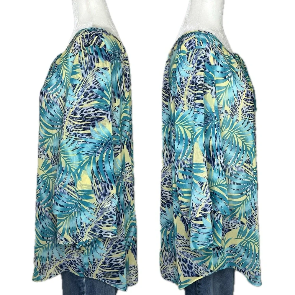 Chico’s Blouse Tropical Leopard Semi Sheer Ruffle Sleeve Green Blue 12 Large L - Picture 7 of 11